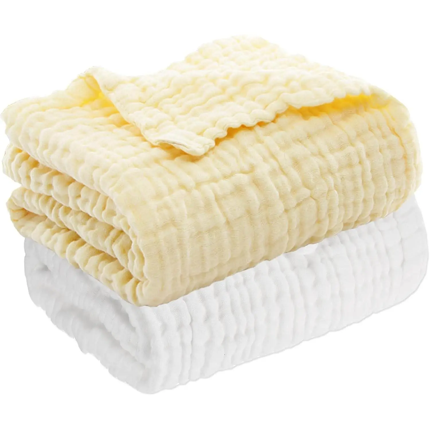 Muslin Baby Blanket Set of 2, 6-Layer 43 x 43 Inches Newborn Toddler Bath Towel Swaddle Wrap Blankets for Boys Girls (White & Yellow)