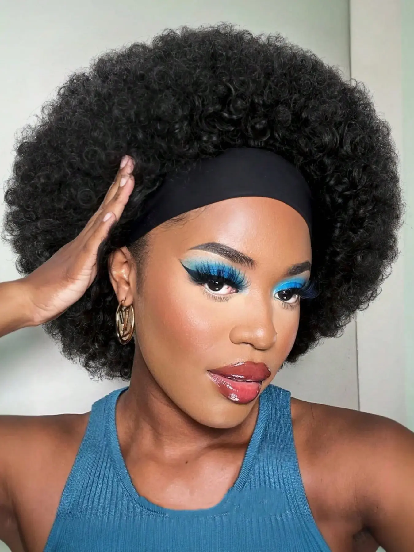 Afro Curly Puff Wig for Women, Natural Glueless Kinky Curly Afro Wigs with Headbands, Fluffy Synthetic Afro Scarf Wigs for All Seasons