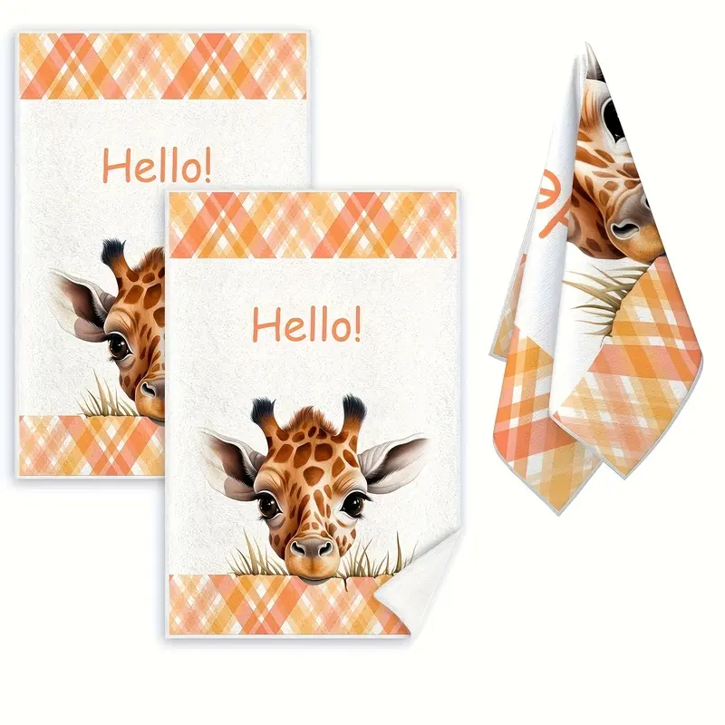 2-pack of adorable Hello Giraffe kitchen towels, 16x24 inch microfiber absorbent and quick-drying dishcloths, orange plaid watercolor giraffe print decorative tea towels, a soothing animal-themed kitchen decor and housewarming gift.