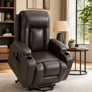 ARCH Full Power Controllable Lift Recliner Chair for Elderly, Heavy Duty 350 LBS Capacity, Faux Leather Upholstered, with Vibration Massage, Lumbar Heat, USB Port & Cup Holders, Metal & Wood Living Room Chair, Brown, Controllable Recliners, Full Power Rec
