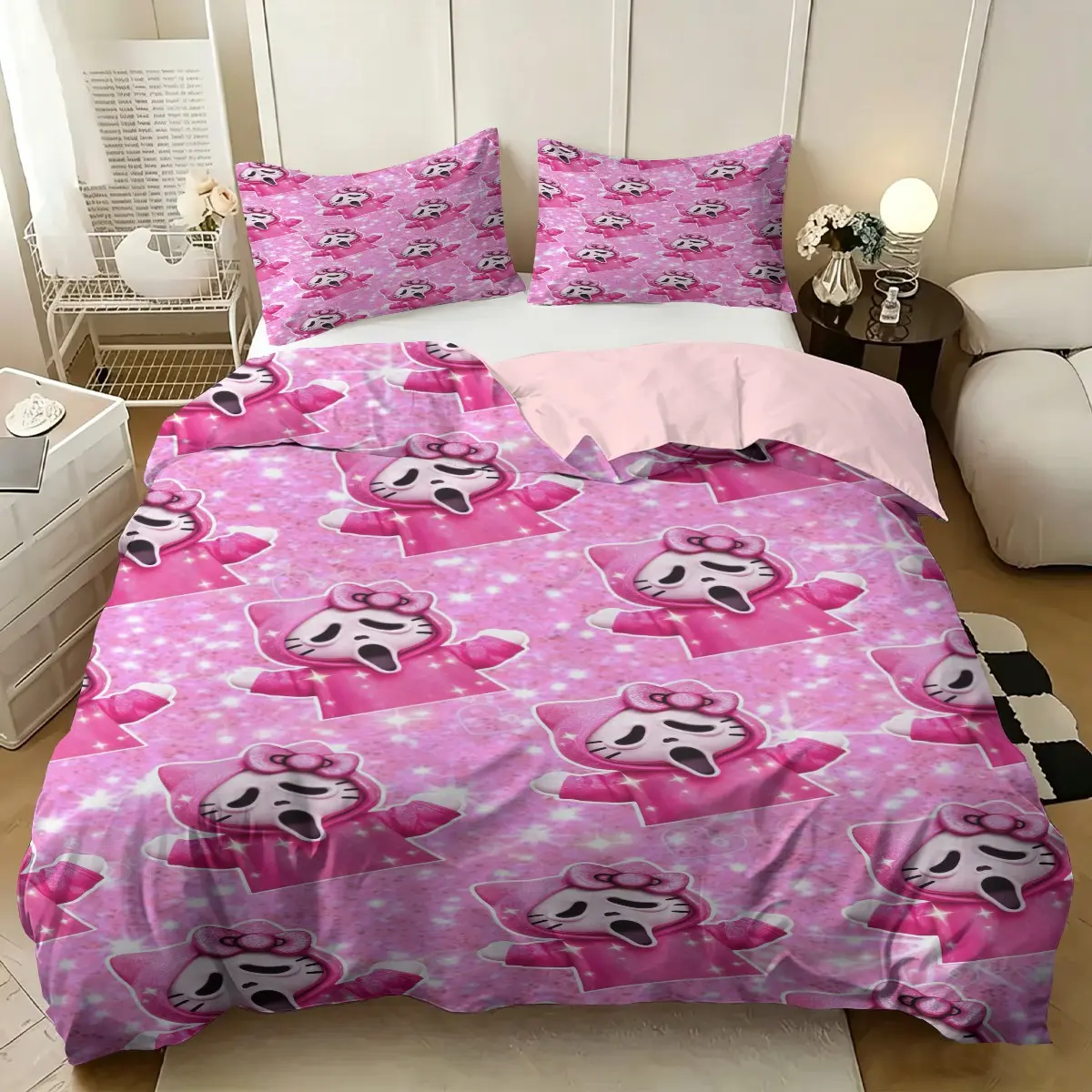 2/3pcs Pink Glitter Hello Kitty Ghost Face Print Duvet Cover Set, Y2k Fun And Spooky Cartoon Bedding Set, Halloween Theme, Soft And Comfortable, 1 Duvet Cover + 1/2 Coreless Pillowcases,Zipper Closure,For Girls' Bedroom Home Decor, Halloween Bedroom Decor