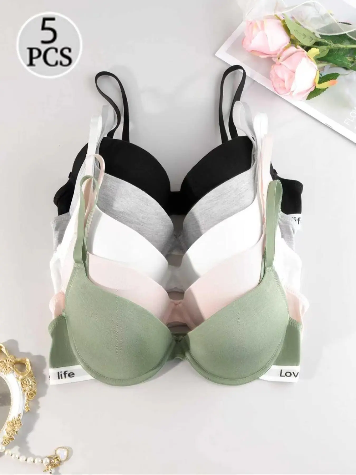 Underwire Push-Up Bras Set | Letter Straps Backless Design, Multi-Colors, Womenswear Underwear, Bras With Underwire, Minimalist. Comfortable, Stylish, Elegant, Chic, Breathable & Supportive. ‘Love Life’ Detail, Perfect for Daily Wear. Grab Now!
