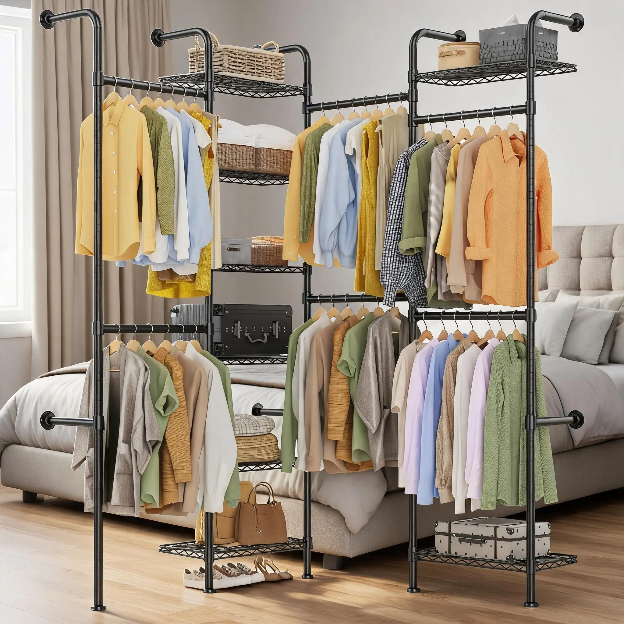 Wall-Mounted Closet System Clothes Rack Organizer - Heavy-Duty Carbon Steel Pipe - 2 Expandable Hanging Rods 23.62–35.43 in - 8-Tier Wire Shelves, Matte Black