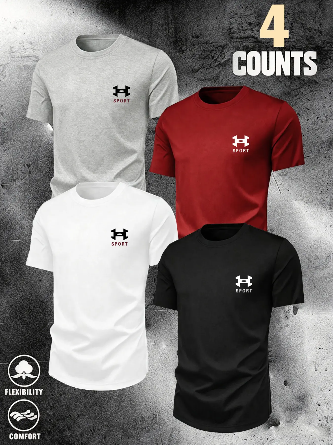 Men's Sport Logo T-Shirt Set, 4-Pack Cartoon Print Crew Neck Short Sleeve, Loose-Fit Breathable Workout Top, Casual Daily Wear