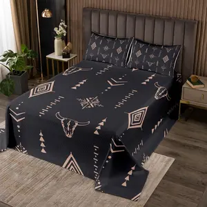 Bull Skull Set Queen Boho Bedspread Set Ethnic Horns Bohemian Coverlet Set Brown Tribal Mysterious Aztec Bedroom Decor Geometric Bed Set for Men Boys