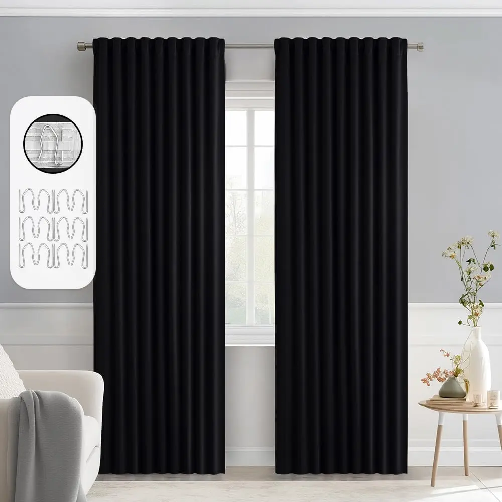 Back Tab Blackout Curtains 90 Inch Long 2 Panels Set for Living Room Bedroom Privacy, Halloween Black Rod/Pleated Thermal Room Darkening Light Blocking Curtains/Drapes