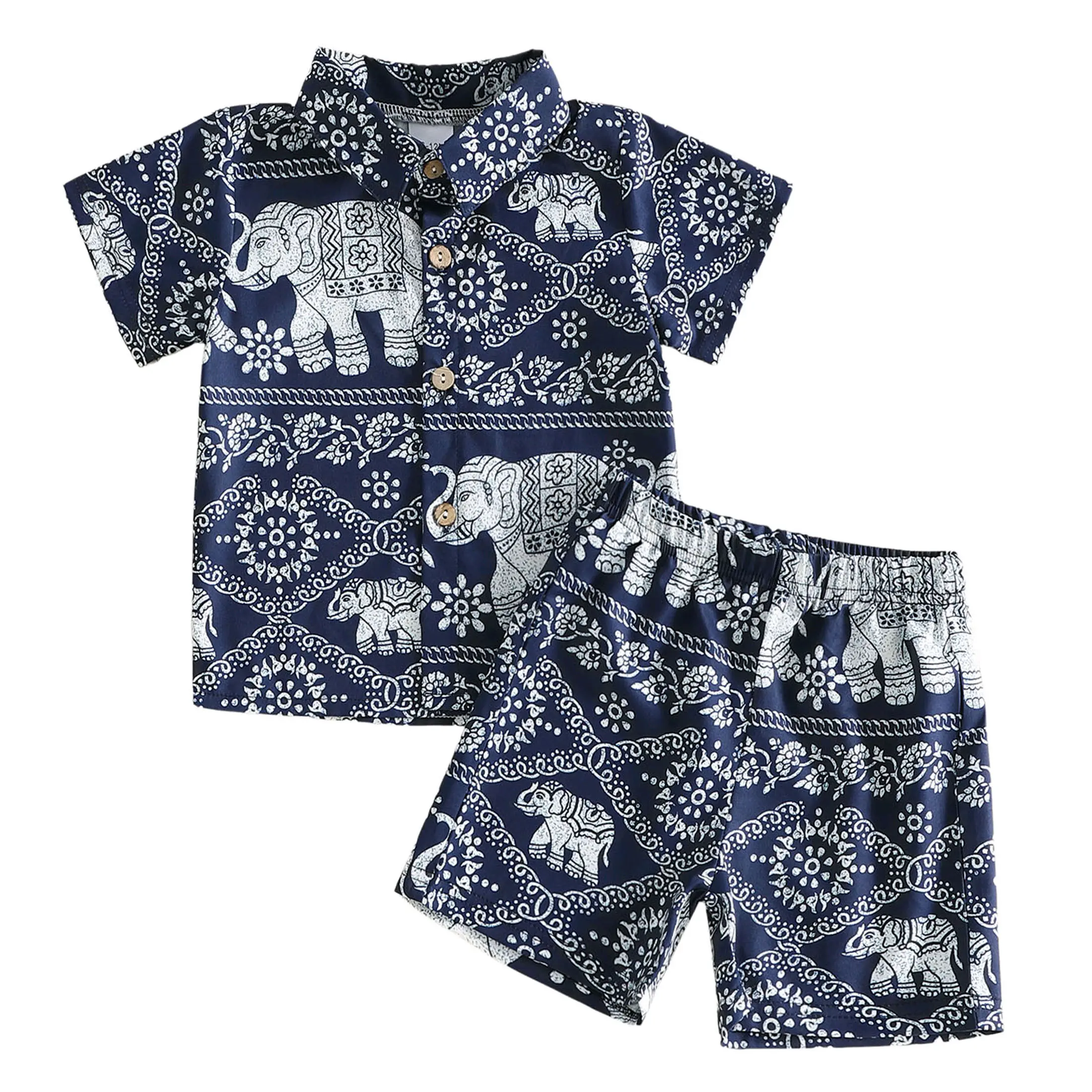 Toddler Boys 2Pcs Summer Outfit Ethnic Elephant Print Lapel Short Sleeve Wooden Button Shirt Elastic Waist Matching Shorts Kids Vacation Set