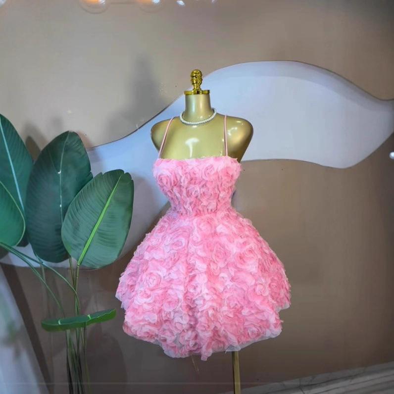2026 Women's Sweet Strapless Rose Flower Bubble Short Dress Sleeveless Tube Top Waist-Cinching Dress
