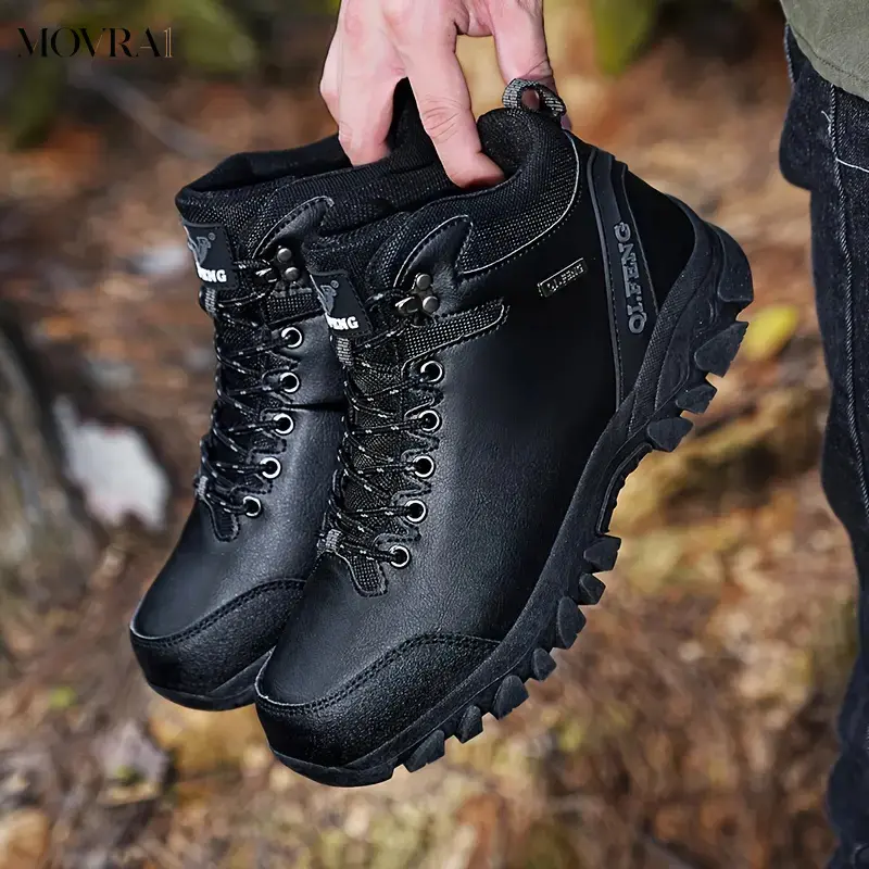 MOVRA1 Men'S Lace Up Top Durable Hiking Boots, Warm Plush Lining Comfy Anti-skid PU Shoes Hiking Hunting Camping Trekking