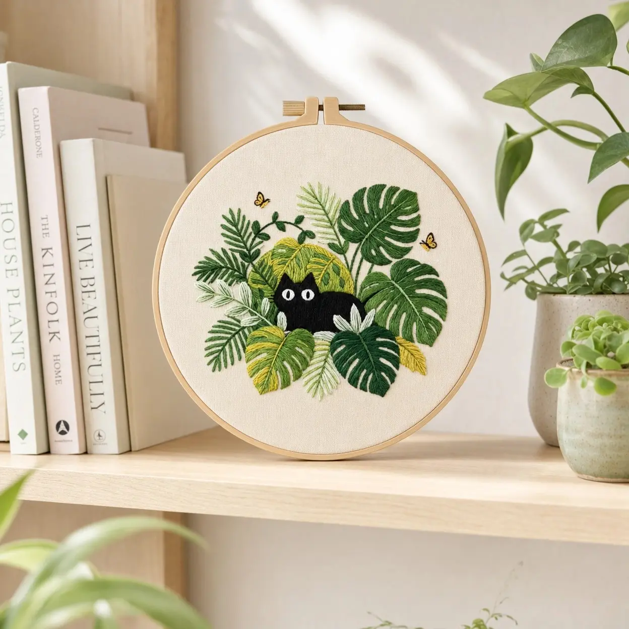 Beginner Cross Stitch Kit, Cat and Greenery Design, Elegant Mystical Style, DIY Embroidery Set, Includes Cotton Fabric, Thread, Needle, Instructions