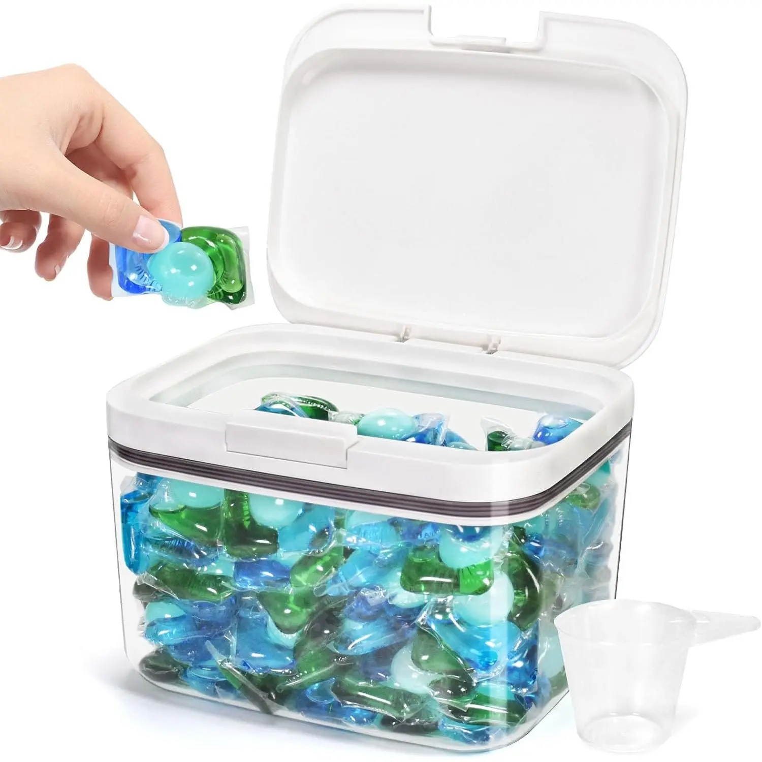 Pods Container Holder with Lid, Laundry Room Storage Container for Detergent Pods Laundry Powder Scent Booster Container with Scoop