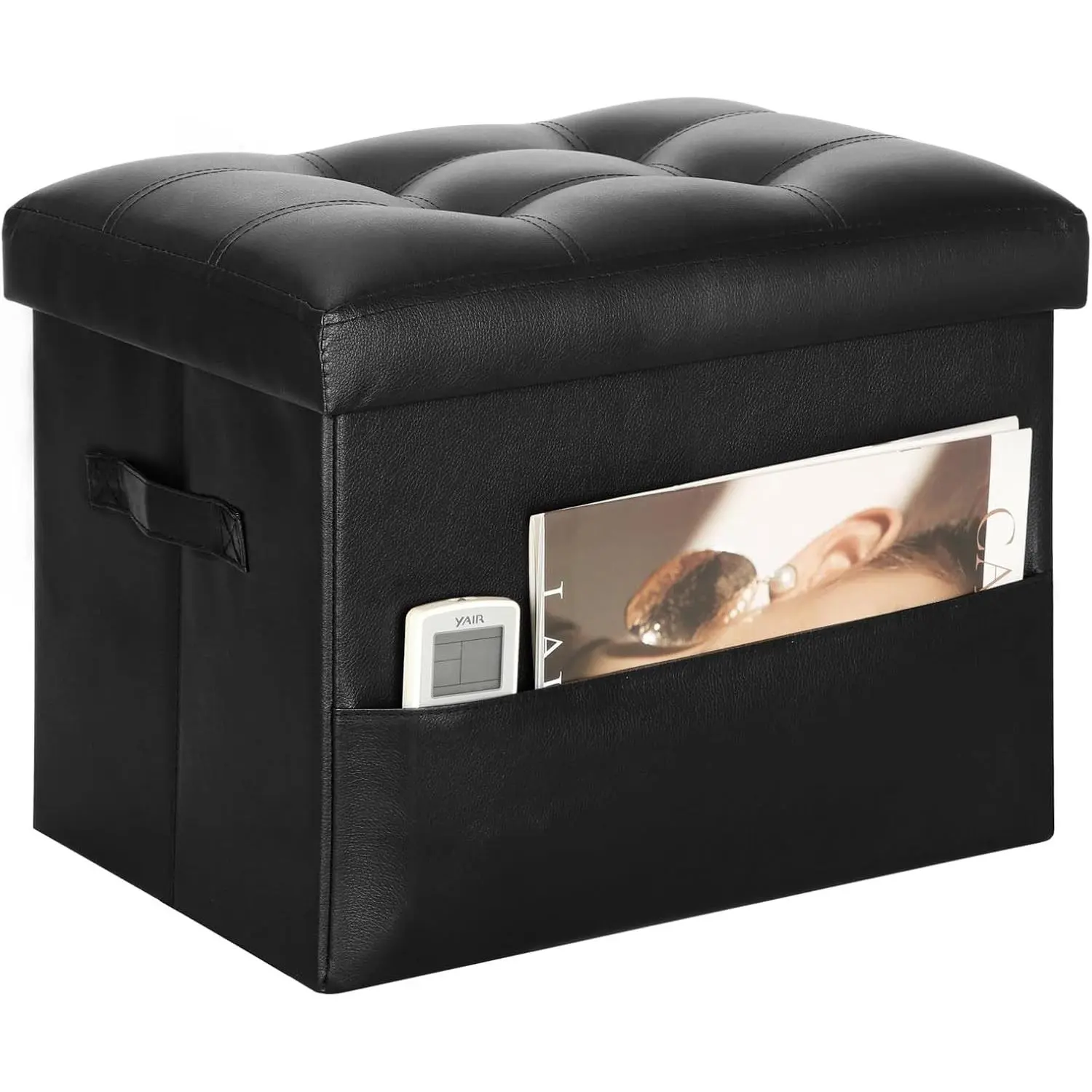 Storage Ottoman Foot Rest Stool with Thicker Foam Padded Seat. Foldable Leather Footstool Bench. Small Ottoman with Storage for Living Room Bedroom Coffee Table 350 lbs, 17x13x13in, Black.