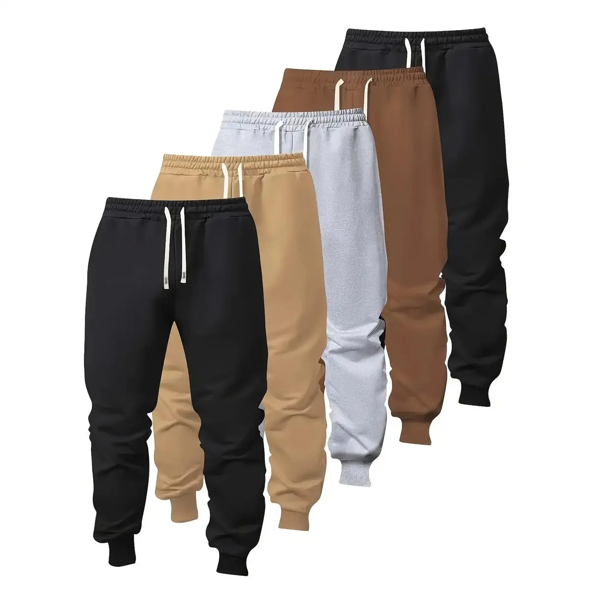 Boys' 5-Pack Sports Joggers, Loose Fit Solid Cotton Blend Long Pants with Drawstring Waist and Pockets for Casual Wear