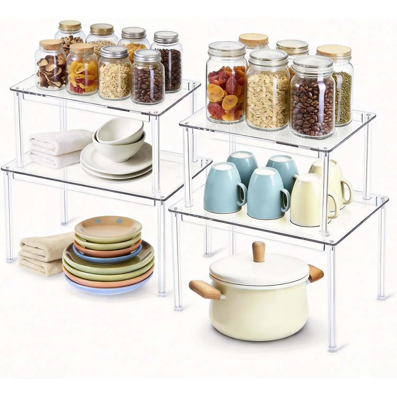 Acrylic Cabinet Organizer Shelf, 4 Pack Stackable Kitchen Cabinet Shelves