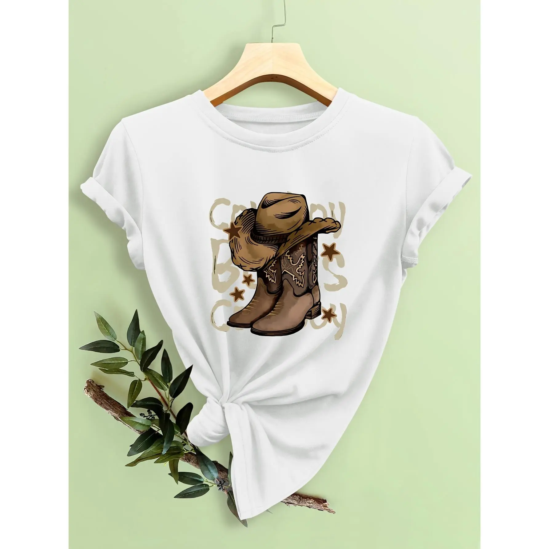 Western Style Boots & Cowboy Hat & Letter Print Comfy T-Shirt, Round Neck Short Sleeve Sports Tee, Women's Activewear