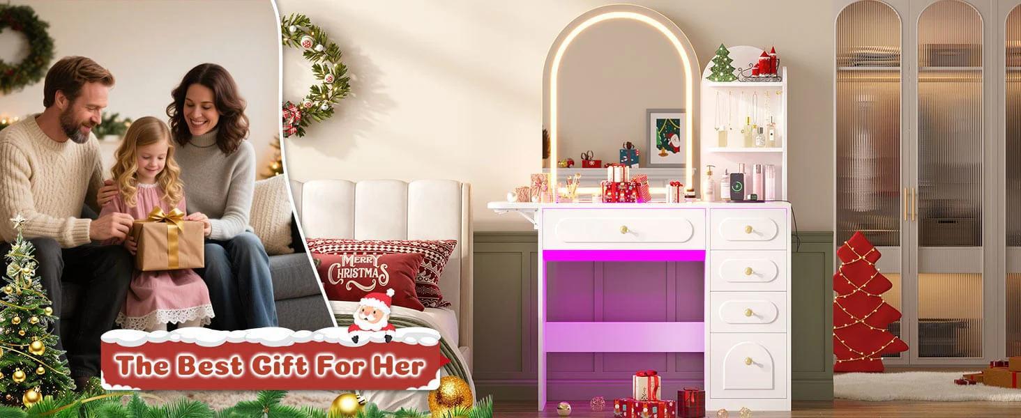 Arched Makeup Vanity with LED Lighted Mirror and Charging Station White