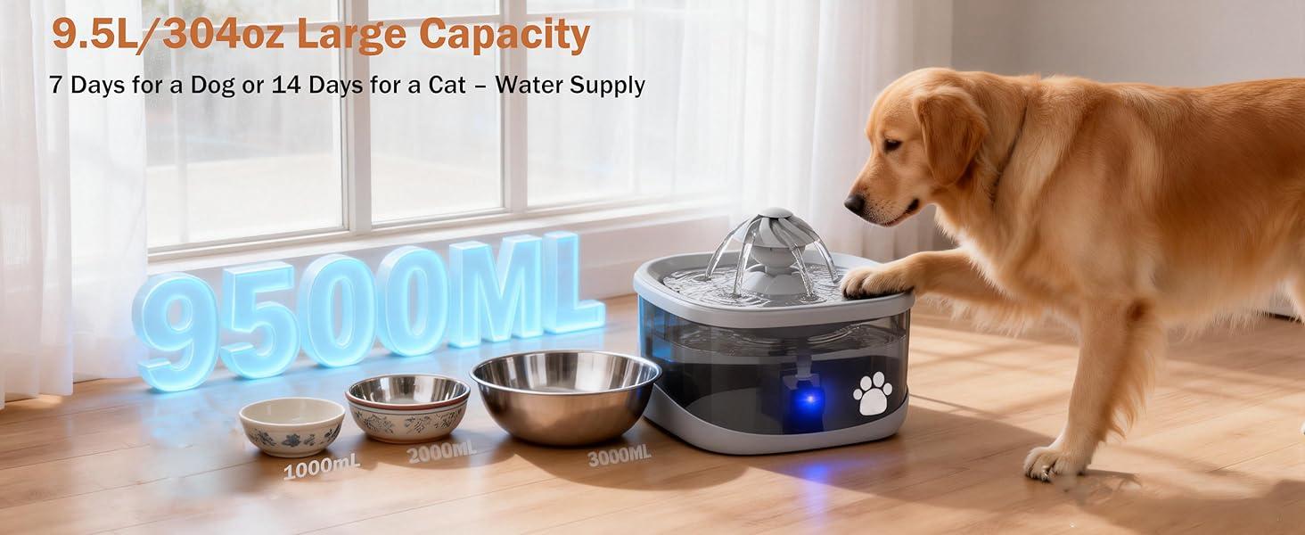 9.5L Dog Water Fountain for Large Dogs,2.5Gal Large Capacity Pet Water Fountain with 3 Flow Modes, Automatic Quite Dog Water Bowl Dispenser with Water Window & LED,Easy to Clean(FS82,Grey)