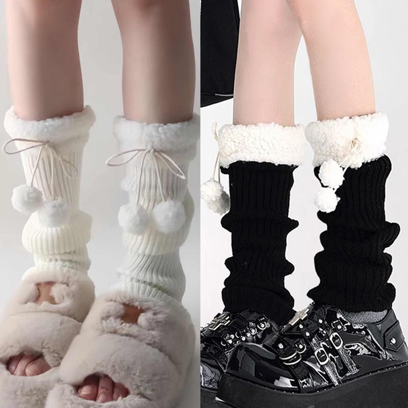 JK Leg Heaters Knitted Lamb Plush Ball Sock Lolita Thickened Winter Warm Socks Foot Cover Woolen Ball Stocking Women Leg Warmers