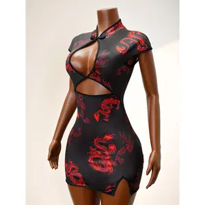 Cross-Border New Women's Sexy Slim-Fit Dragon Print Modified Cheongsam