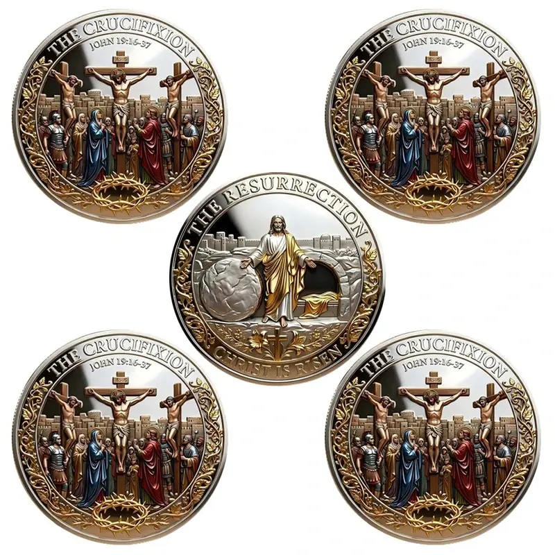 5pcs Relief Jesus Christ Commemorative Coins Crucifixion Resurrection Religious Challenge Coin Catholic Christian Faith Keepsake