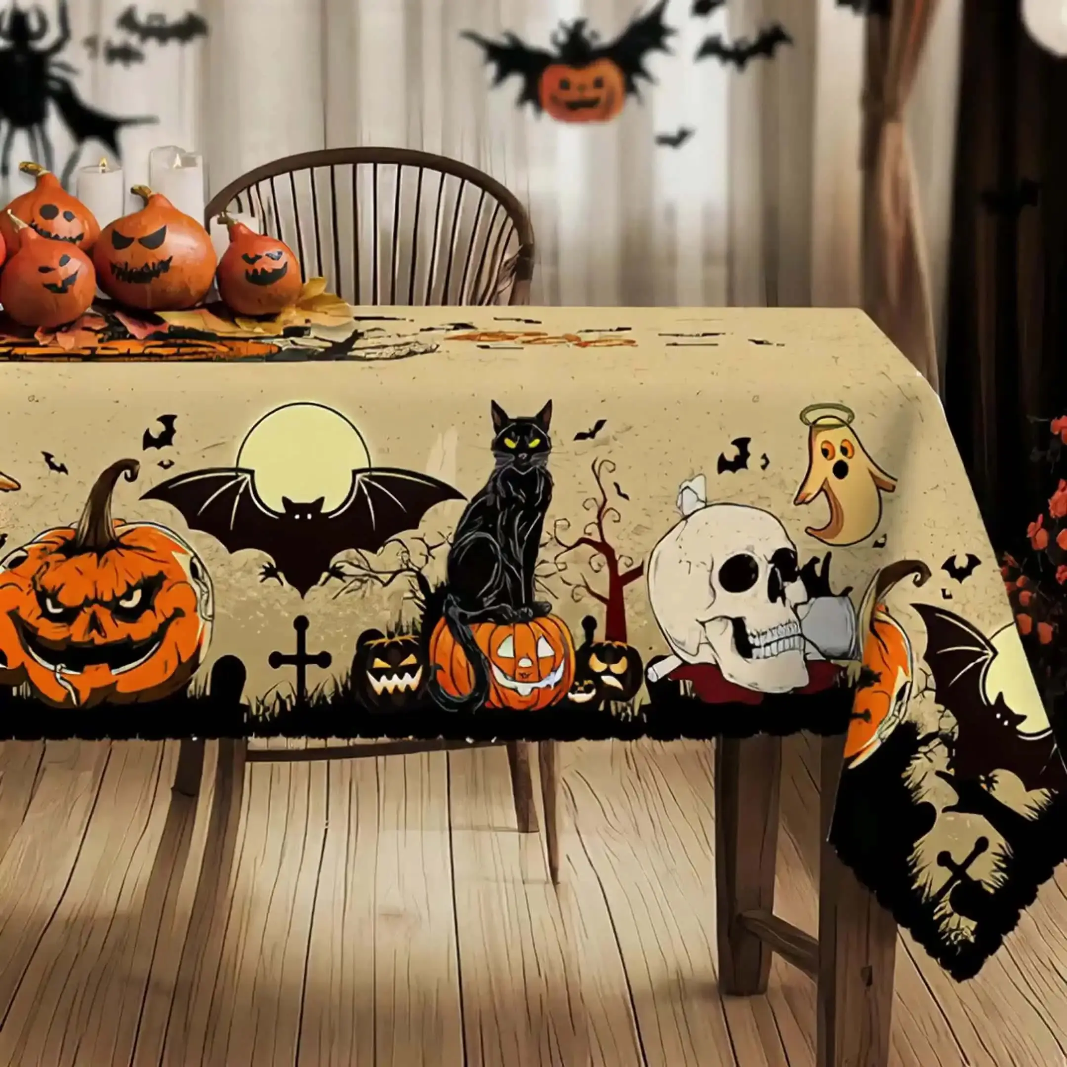 Halloween Tablecloth, 2D Flat Party Tablecloth, Pumpkin Bat Skull Design, Polyester Kitchen Dining Cloth, Halloween Decoration, No Power Needed