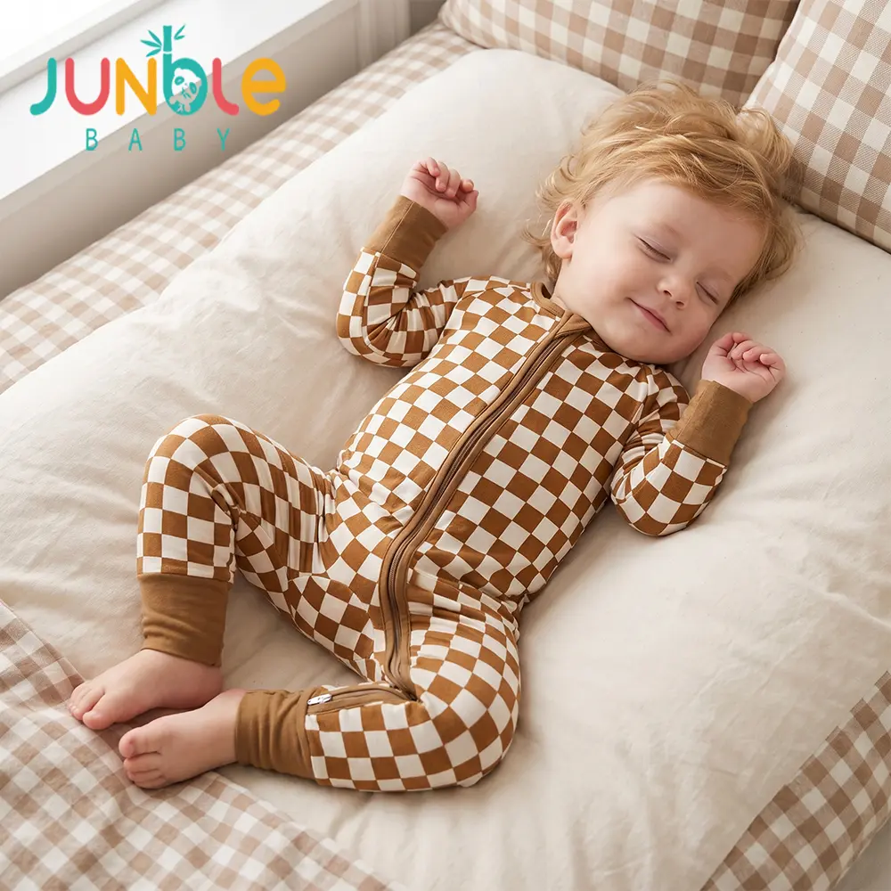 Junblebaby Brown Checkered Bamboo Fiber Baby Romper, Baby Jumpsuit,Soft Breathable Baby Pajamas 0-36 Months,cute baby boy clothes,Newborn Baby Outfit,2-Way Zipper Onesie with Fold Over Foot Covers |   Infant Sleepwear,Baby Outfit