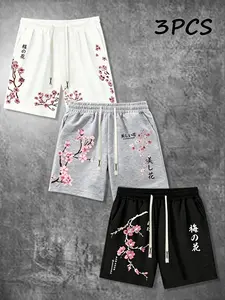 3 Pack Men's Japanese Cherry Blossom Print Shorts, Elastic Waist Loose Fit Casual Streetwear Shorts, Breathable Lightweight Drawstring Sweat Shorts for Summer Beach Gym Daily Wear, Harajuku Aesthetic Floral Graphic Shorts, Graphic Fitness Shorts