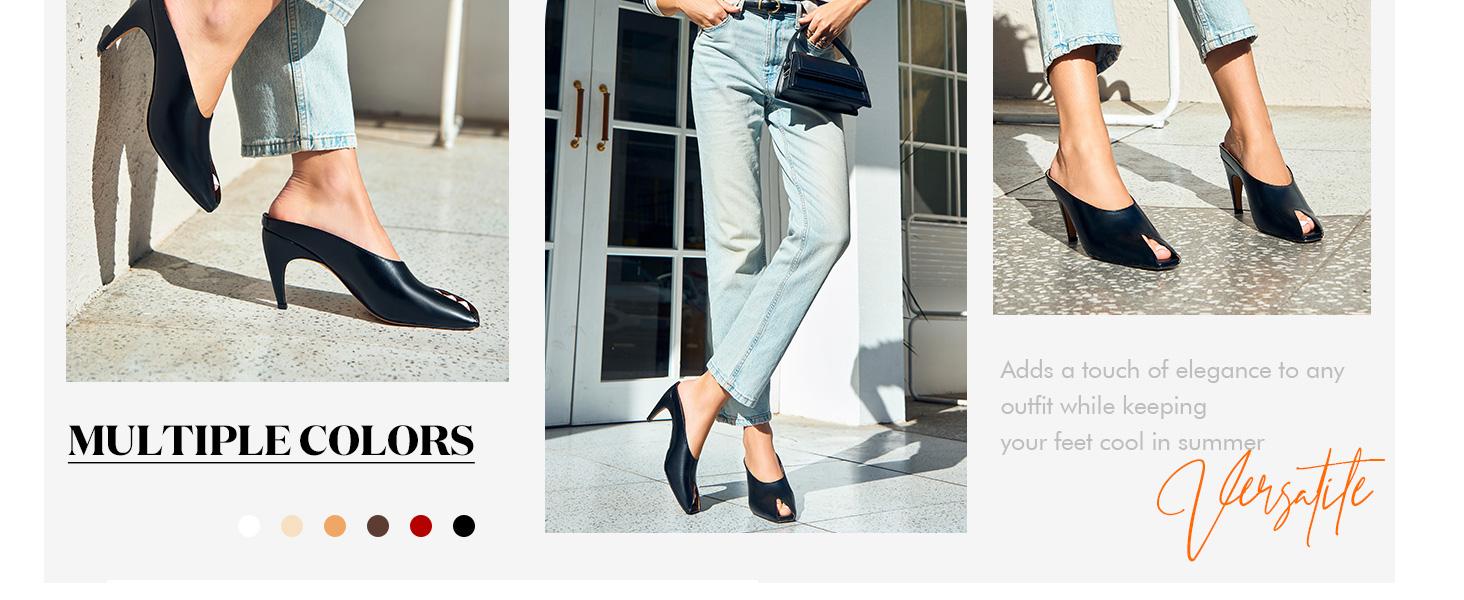 Fashare Womens Kitten Heels Mules Open Peep Toe Slide Sandals Slip On Summer Dress Shoes