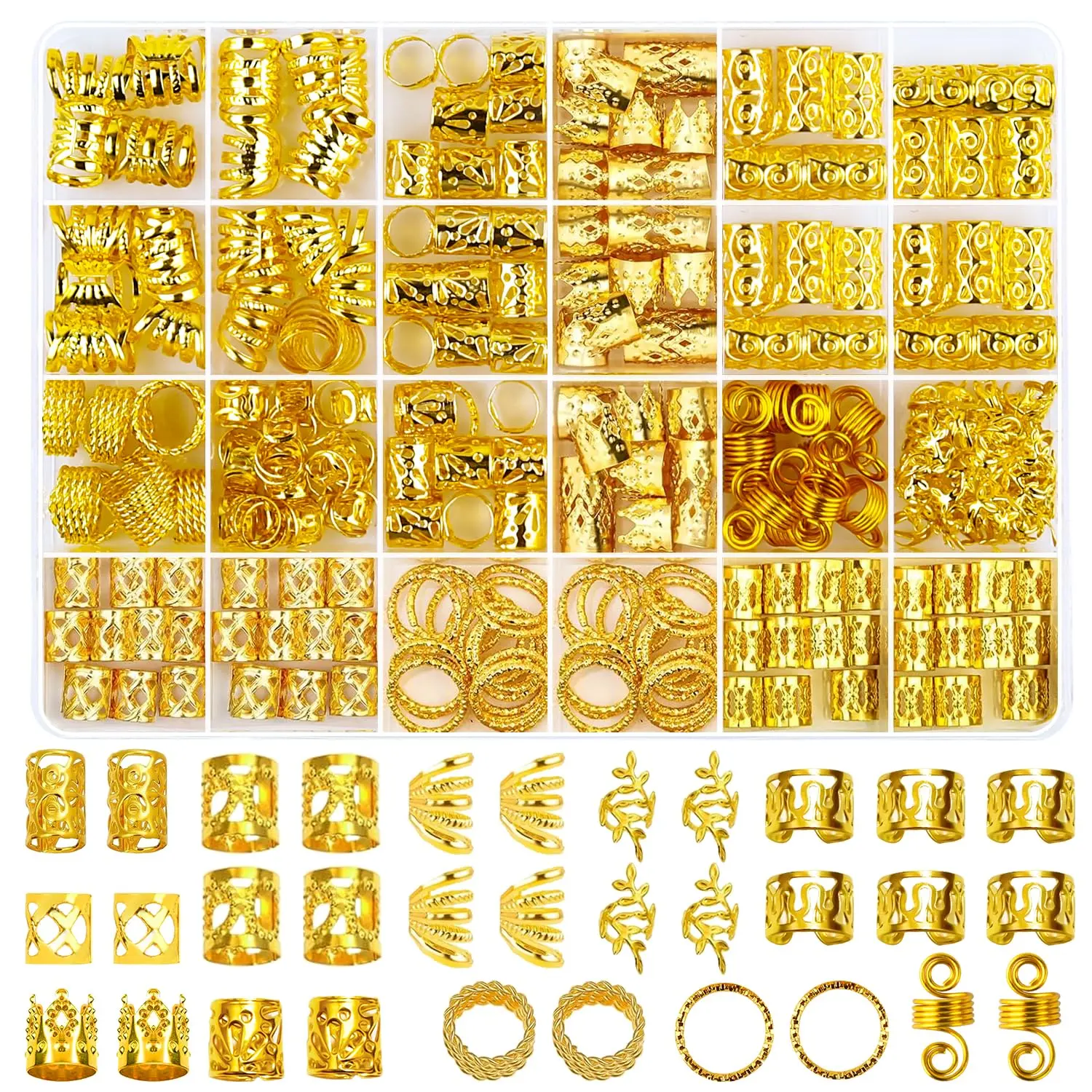 Metallic Hair Accessories Set (280 Count) - Braided Hair Rings, Cuff-Shaped Clips for Dreadlocks, Loc Styling, Diverse Everyday Decor for Women Men