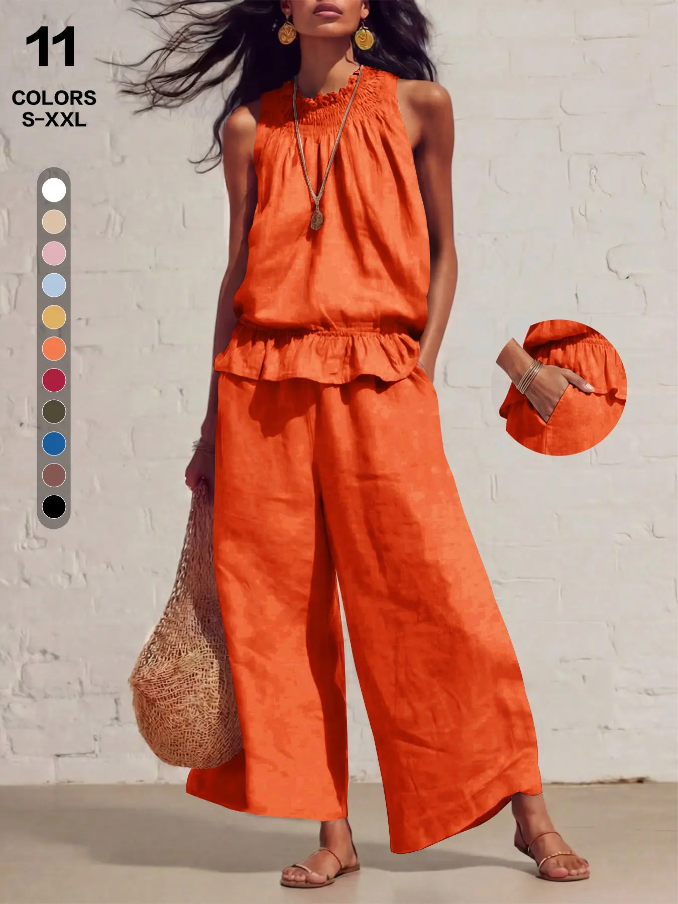 Women's Boho Bohemian Sleeveless Smocked Neck Ruffle Crop Tank Top and Wide Leg Pants Set, Casual Linen, 11 Colors, Plus Size S-Xxl Clothes