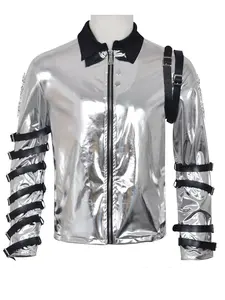 Michael Jackson Cosplay Costume, Silver Color Leather Jacket, Perfect for Stage Performances, Parties, and Events