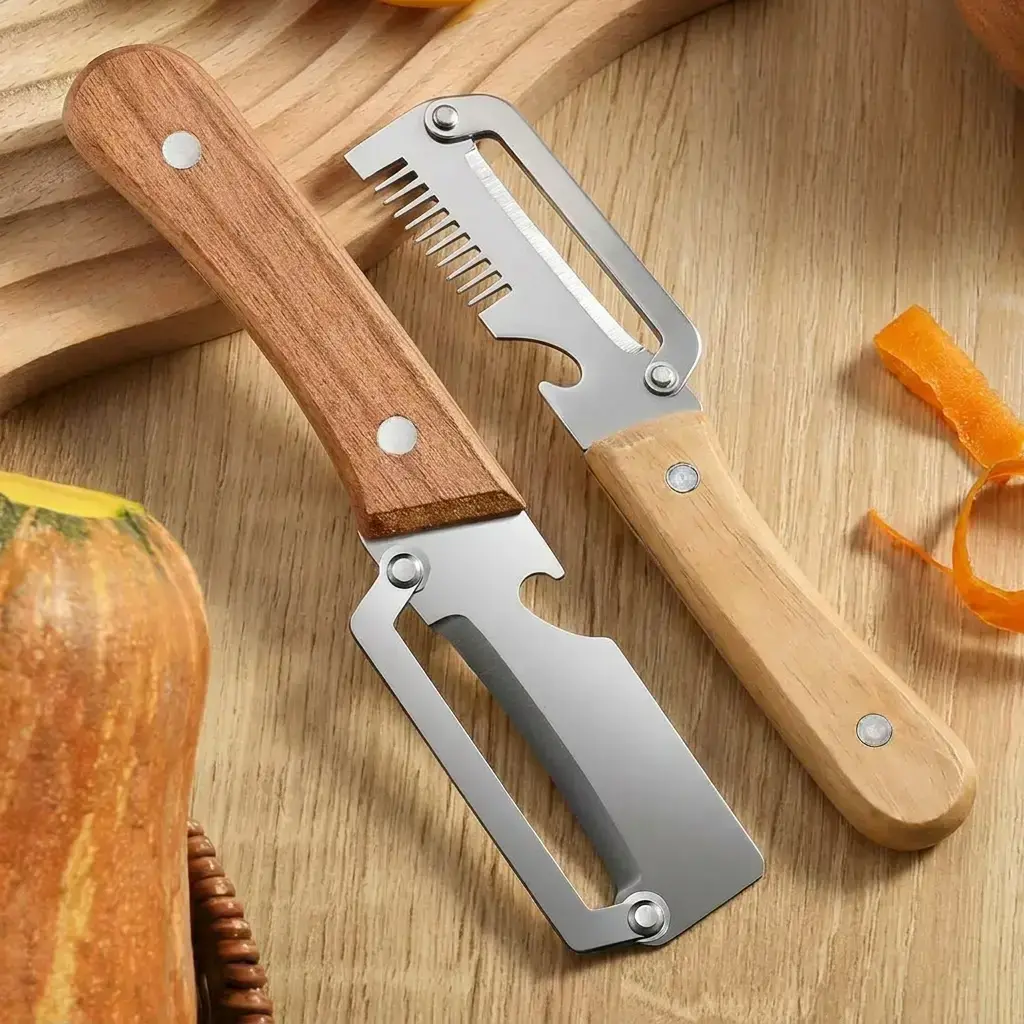 2pcs 2-in-1 Stainless Steel Vegetable Peeler with Bottle Opener, Sharp Blade, Wooden Handle - High-Grade Food Prep Kitchen Gadget for Fruits & Veggies (Ideal for Peeling Tasks)