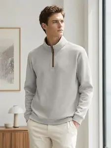 Men's Loose Fit Heavyweight Composite Stand Collar Zipper Casual Commuter Business Sweatshirt, Fall Season Plain Surface Clothing