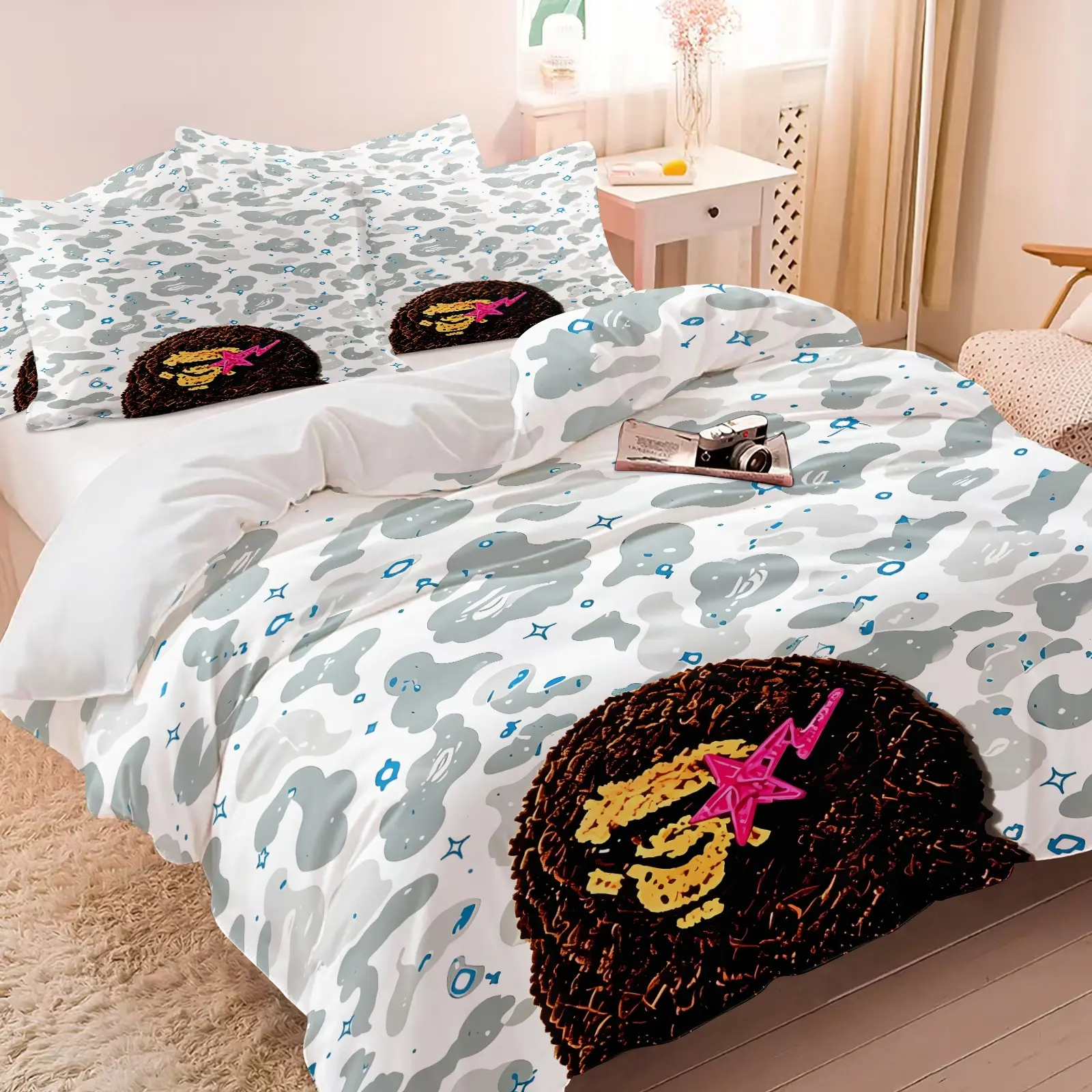 Light Blue Starry Sky Camouflage & Cartoon Gorilla Print Duvet Cover Set & 1-2 Pillowcases, Cartoon Ape Decorated with Pink Stars & Lightning, Soft Comfortable Bedding, Teen Bedroom Girl Trendy Dorm Decor