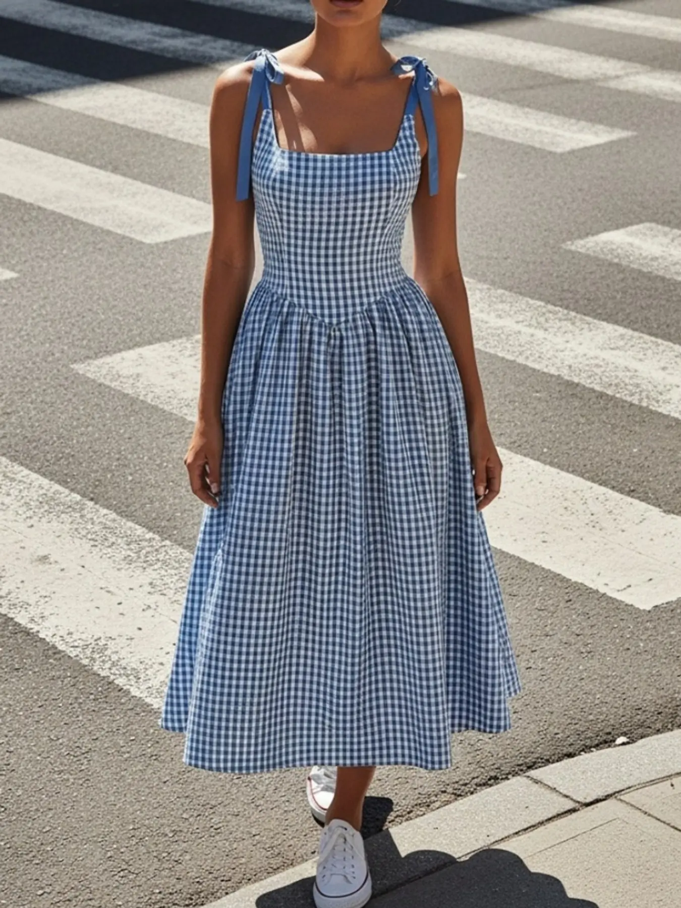 Spring Summer Gingham Strapless Square Neck Dress, Womenswear Retro Style Waist Cinch Long Dress, French Vintage Resort Daily Commute Casual Wear Tea Break Dress, Casual Fashion Wear