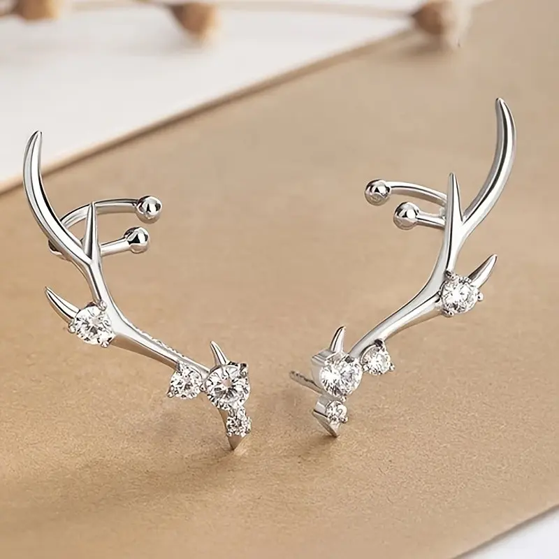 Ladies' Fashion Earrings with Simple Reindeer Horn Design Inlaid with Synthetic Synthetic Zirconia - Ideal for Daily Casual and Elegant Looks, Perfect Christmas Gift