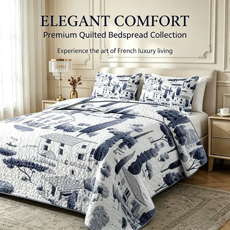 Soft Breathable Microfiber Quilted Bedspread, Vintage French Country Toile Print, Reversible Coverlet, Wrinkle-Free for Full Queen King Beds, Vintage Farmhouse Bedding