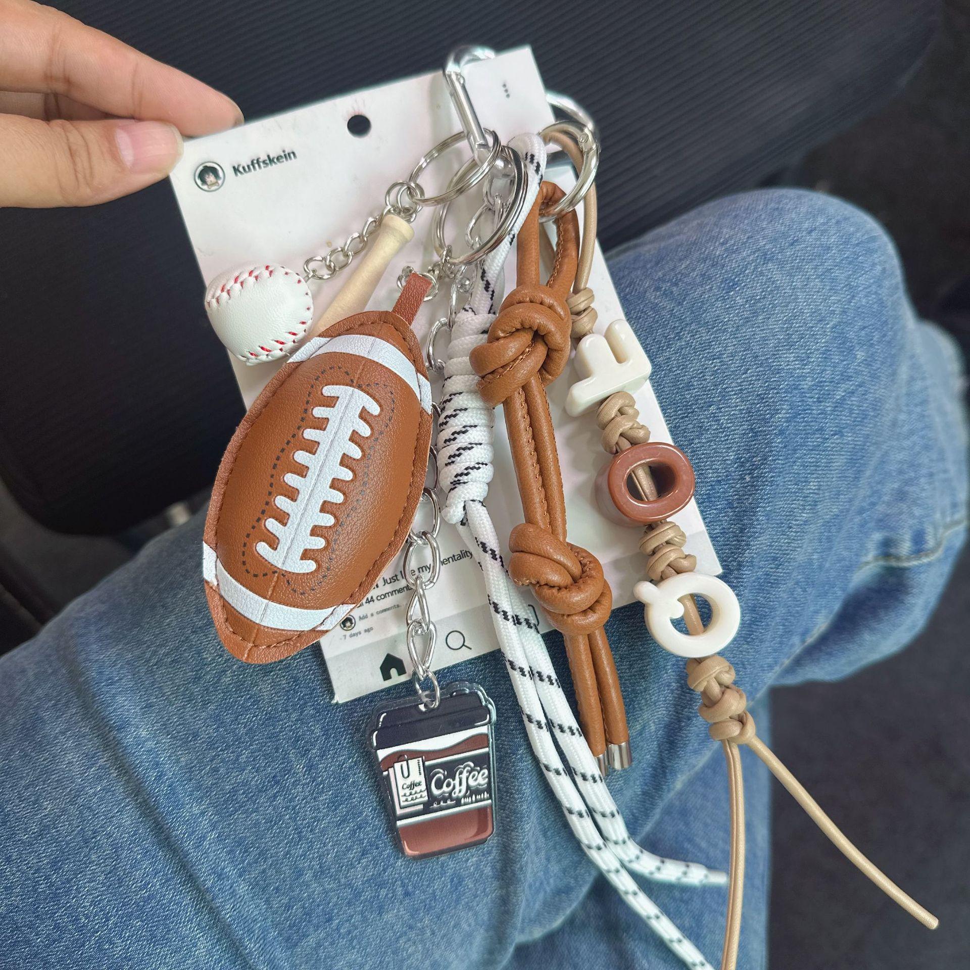 Sports Fanatic's Collection: Sports Themed Keychain Set of 5 - Baseball Football Coffee Cup Charms, Braided Leather Cord with Beaded Letters, Bag Accessories for Sports Fans