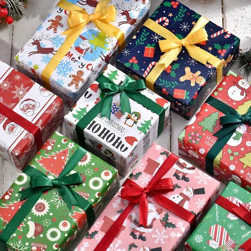 Christmas Gift Wrapping Paper, 8 Counts/set Double Layer Cartoon Package Paper, Gift Wrapping Supplies for Home Party Holiday, Gift Decoration