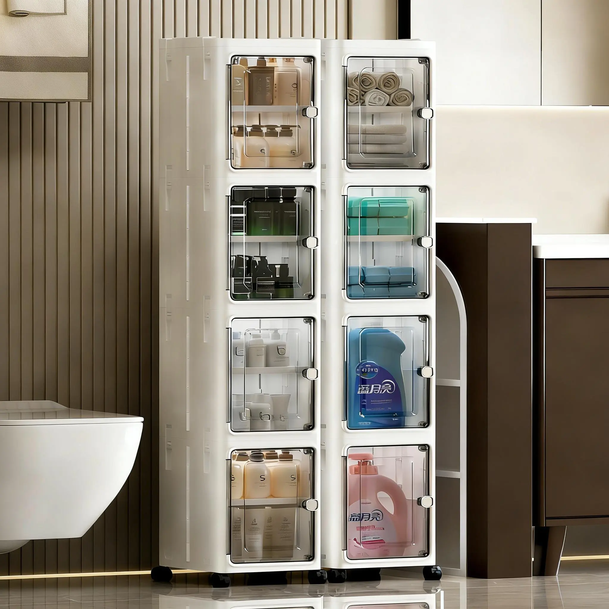 Foldable Storage Cabinet - 3/4-Tier Compact Fold Cupboards, Tool-Free Space-Saving Storage Organizer with Wheels & Transparent Magnetic Doors, Camping Furniture for Bathroom, Kitchen, Kitchen Cabinet Container, Toolless, 32Cm Wide, Tiered Shelf, Indoor