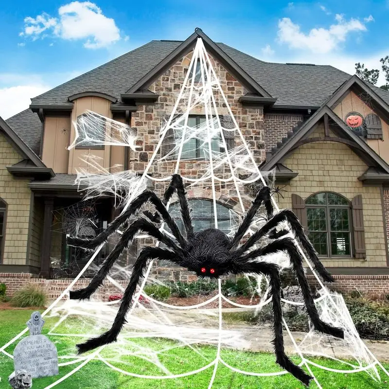 Giant Triangular Spider Web Halloween Outdoor Decor, Stretchable Spider Web with Hooks & Ground Stakes, Scary Prop for Haunted House, Halloween Party, Indoor & Outdoor Yard Lawn Garden Decor
