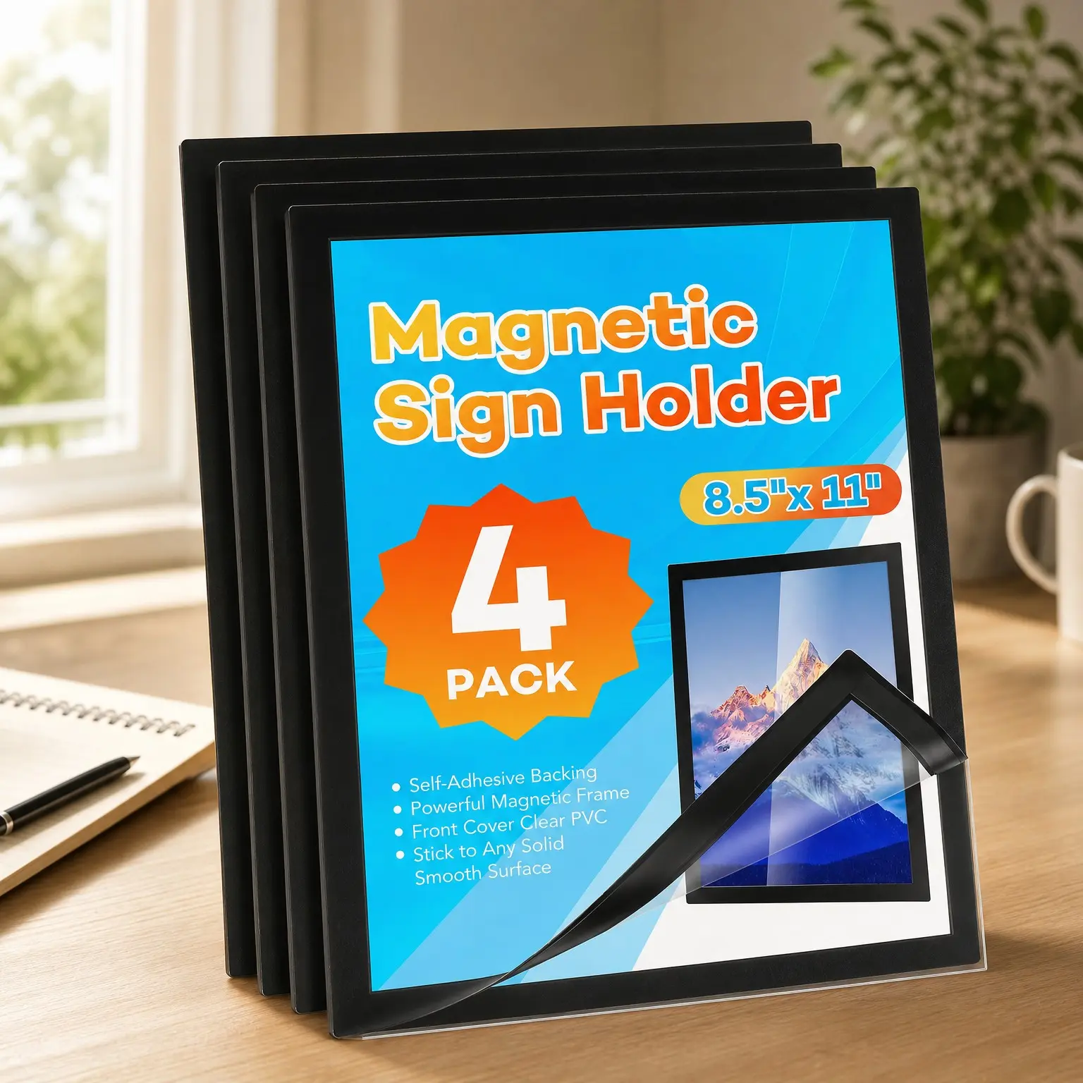 4 Pack 8.5 x 11 Inch Magnetic Sign Holder, Self-Adhesive Clear PVC Document Poster Frame for Wall, Window, Office & Classroom