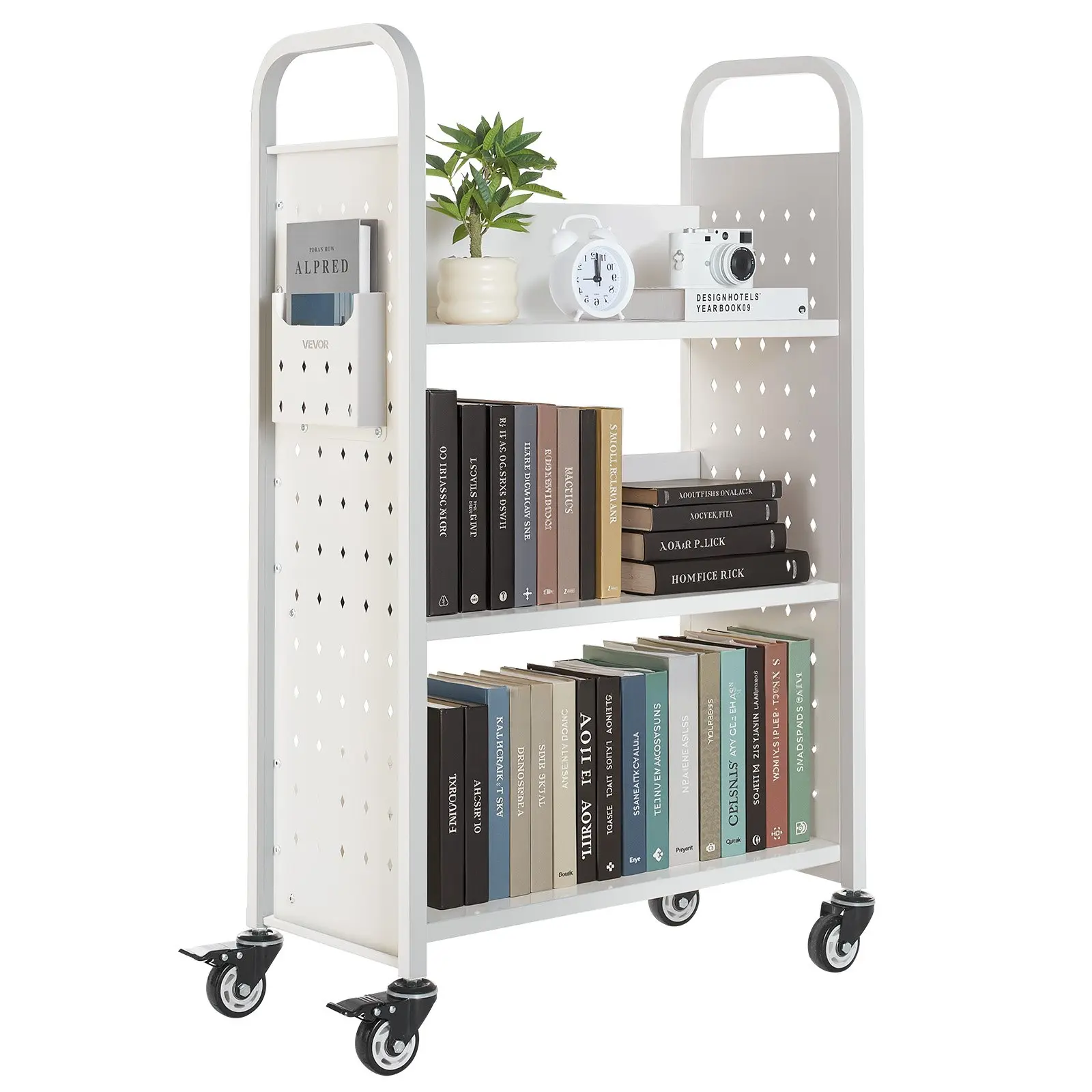 【Summerfinds】VEVOR Rolling Library Book Cart, 330 lbs Capacity, 30.3x 15x 48.0-Inch Library Cart, Single Sided L-Shaped Shelves with 3-Inch Lockable Wheels, Book Truck for Home Shelves Office and School, White
