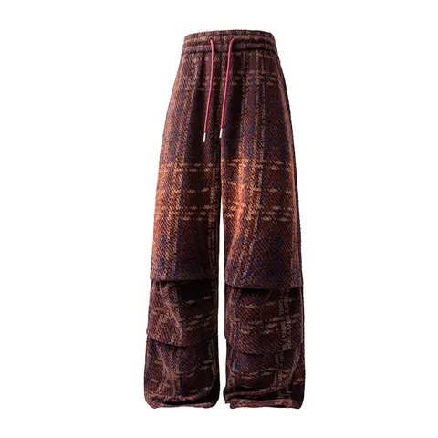 Men's Mid-Waist Wide-Leg Plaid Loose Baggy Retro Pants - Retro Style Harajuku Vibe Casual Trousers, Machine Washable for Day Wear