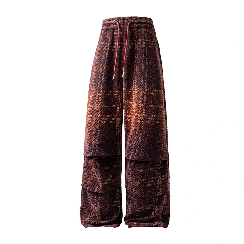 Men's Mid-Waist Wide-Leg Plaid Loose Baggy Retro Pants - Retro Style Harajuku Vibe Casual Trousers, Machine Washable for Day Wear