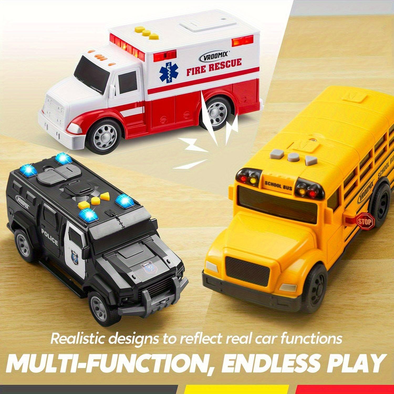 Friction-Powered Toy School Bus, Police Car, Ambulance & Student Bus with Lights & Sound Effects – Safe, Educational & Reliable, Ideal Gift for Boys & Girls