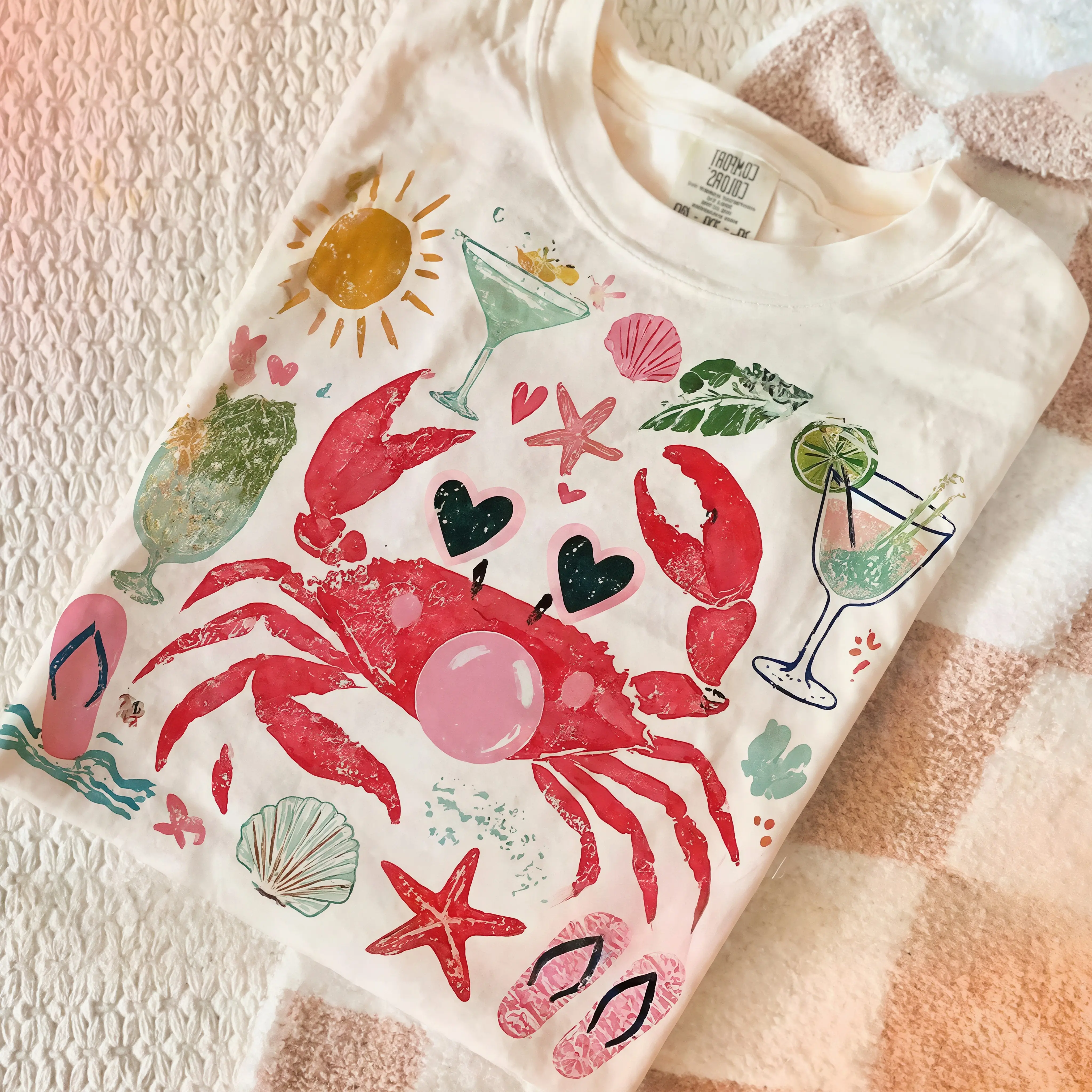 Funny Crab Shirt Comfort Colors, Crab Blowing Bubble Graphic Tee, Beach Vibes Nautical T-Shirt, Summer Gift