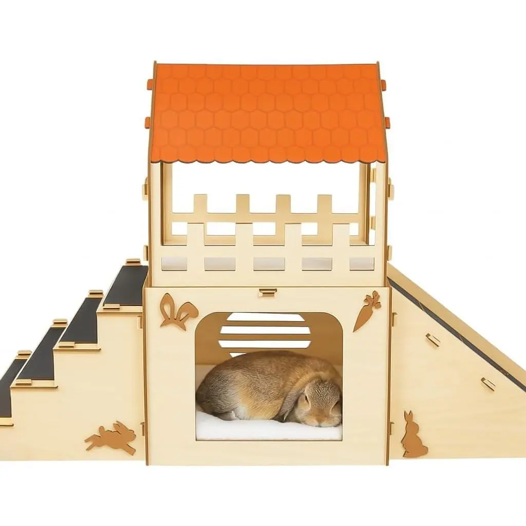 Extra Large Cozy Wooden Bunny Hideout Rabbit Castle with Fleece Mats, Indoor Bunny House for Chinchilla Guinea Pig with Pet Safe Wood Joints