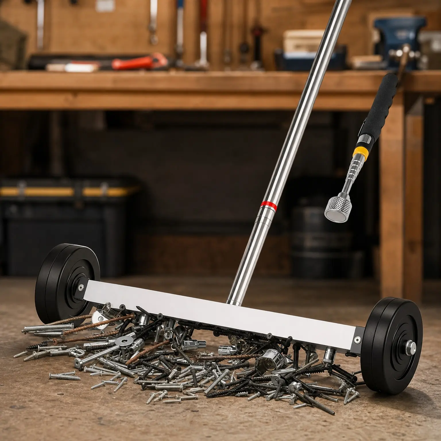 17-Inch Rolling Magnetic Sweeper with Pickup Tool, 8.8 lbs Pull Force for Nails & Screws, 2-Piece Set for Construction, Workshop, Garage & Yard
