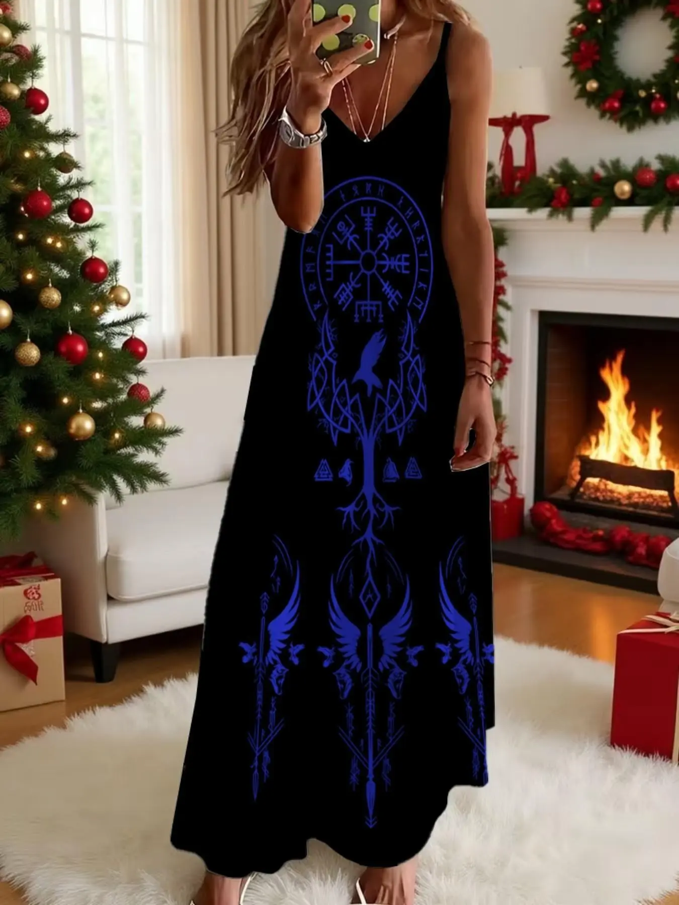 Dark Gothic Viking Totem Strap Dress, European Vintage Life Tree Raven Print, V-Neck Sleeveless A-Line Long Dress, Casual Loose Fit